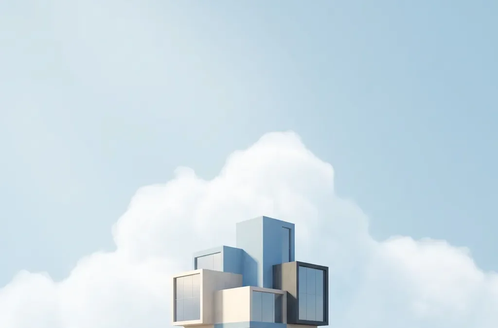 Minimalistische kantoorgebouw dat opstijgt in een witte wolk, strak digitaal kunstwerk in blauw, wit en grijs.