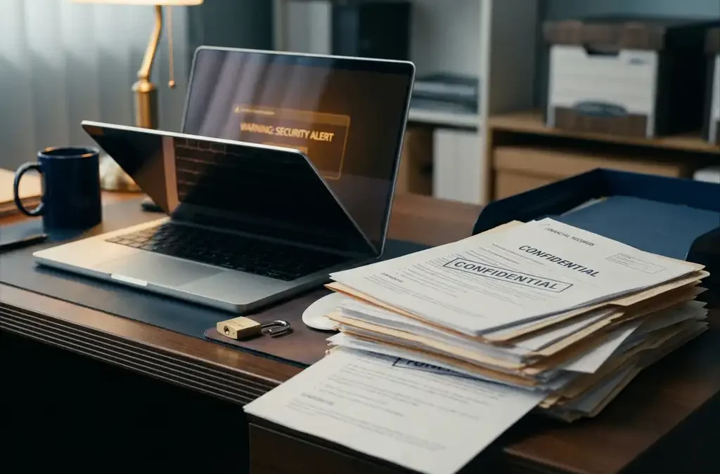 Bureau met halfopen laptop met waarschuwingsgloed, verspreid gevoelig papierwerk en een openliggend hangslot, symbool voor databeveiligingsrisico's.