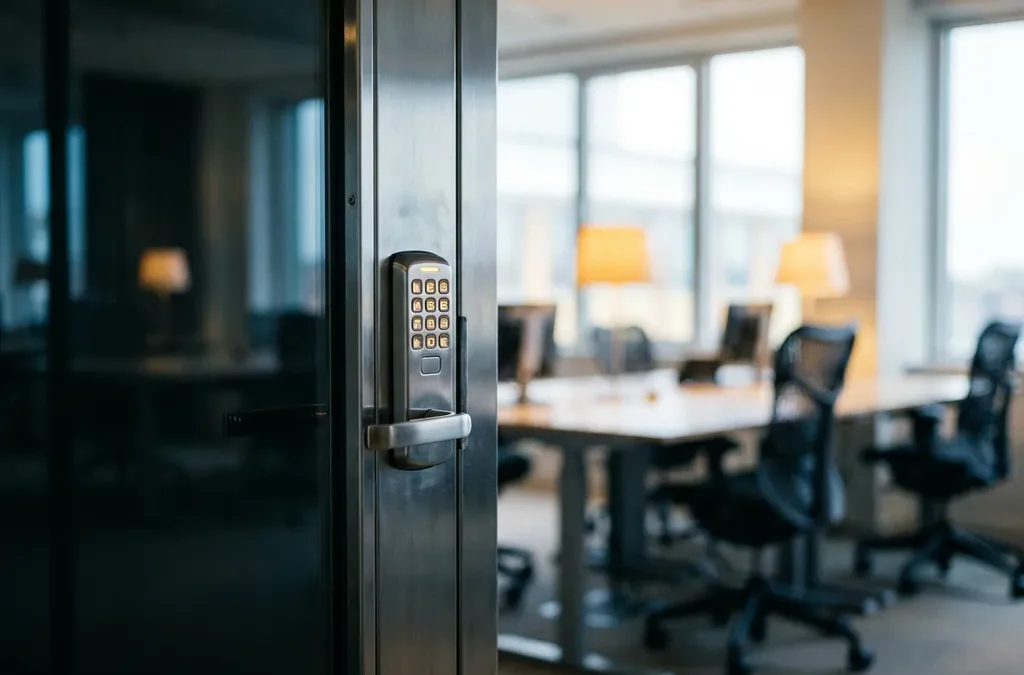 Moderne kantooringang met elektronisch cijferslot op de voorgrond en een open kantoorruimte voor het MKB zichtbaar op de achtergrond.