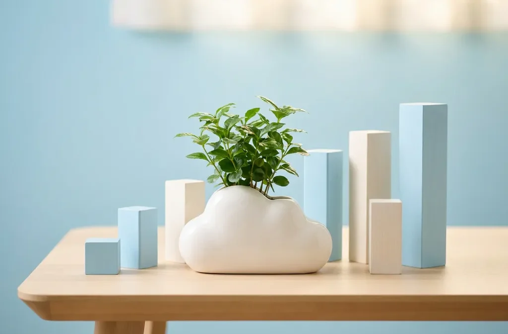 Kleine kantoorplant in witte wolkvormige pot op minimalistisch bureau, omgeven door geometrische vormen in ijsblauw en wit.