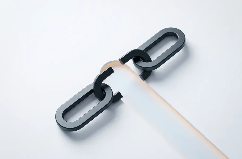 Zware stalen schakelketting die opent op wit oppervlak, symbool voor vrijheid en ontgrendeling, minimalistisch bovenaanzicht.