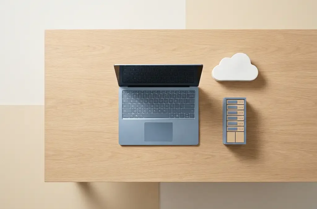 Opgeruimd eiken bureau met laptop, miniatuur servermodel en wolkvormig object in zacht studiolicht, bovenaanzicht.