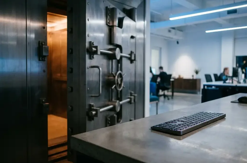 Zware stalen kluisdeur op een kier met gloeiend amber interieur, modern toetsenbord op betonnen bureau op de voorgrond.