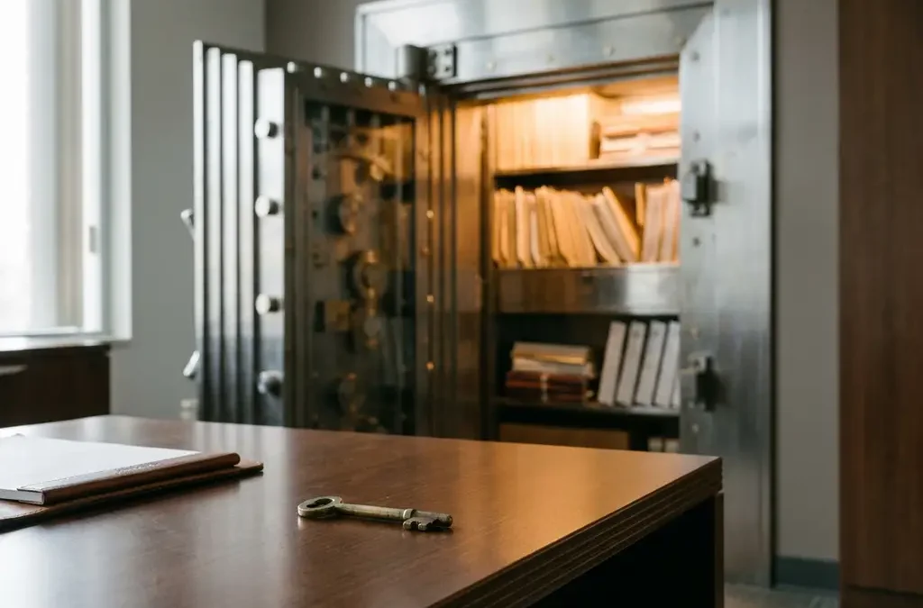 Zware stalen kluisdeur op een kier met geordende mappen erin, messing sleutel op modern bureau op de voorgrond.