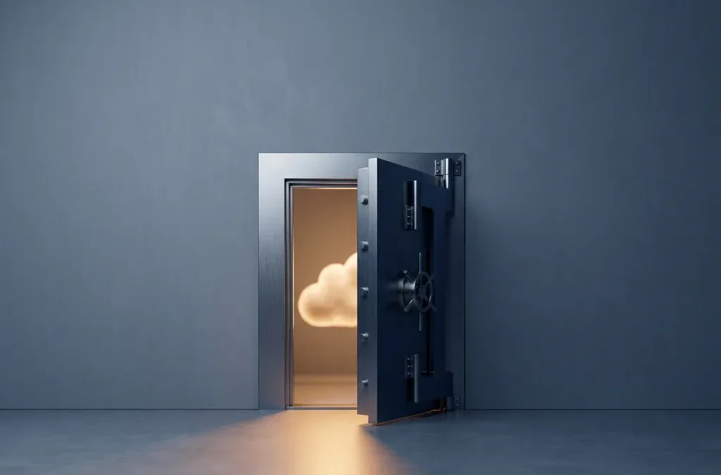 Zware stalen kluisdeur op een kier met zacht gloeiende lichtcloud erbinnen, koele zilver- en marineblauw tinten met warm barnsteenlicht.