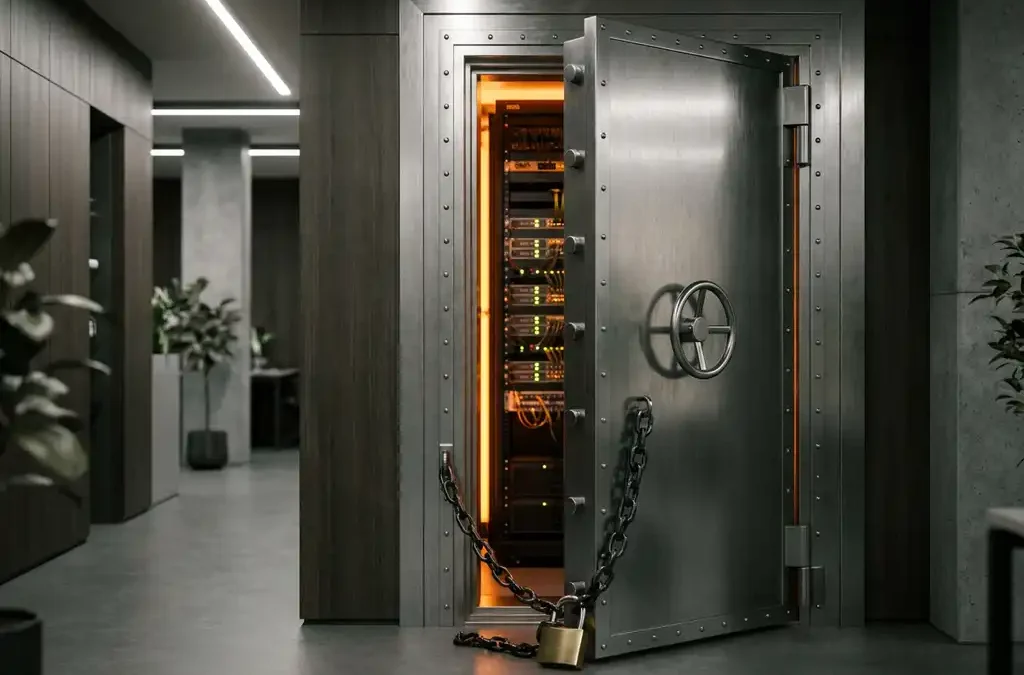 Zware stalen kluisdeur op een kier met gloeiend serverrek zichtbaar, beveiligingsketting en hangslot in modern kantoorgebouw.