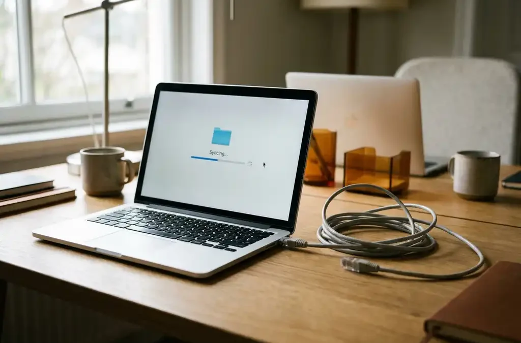 Laptop op thuiskantoorbureau met half-gesynchroniseerde mapicoon, verward ethernetkabel en tweede laptop op de achtergrond.