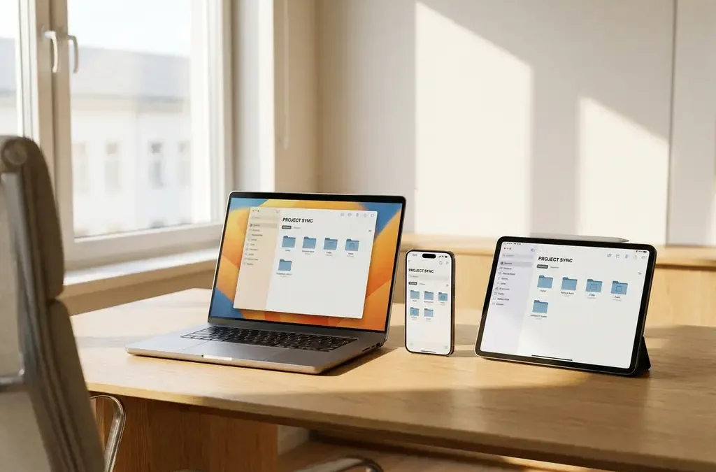 Laptop, smartphone en tablet op een licht eiken bureau tonen gesynchroniseerde mapinterface in warm natuurlijk licht.