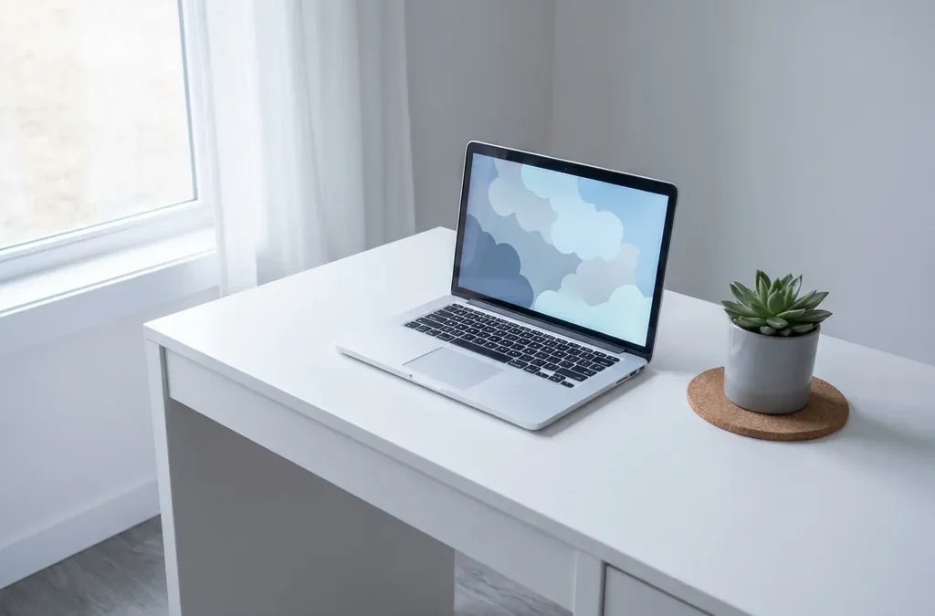 Laptop op wit bureau naast kamerplant, zacht daglicht vanuit raam creëert rustige thuiswerksfeer in blauw-grijze tinten.