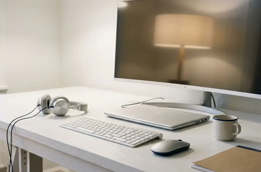Laptop, draadloos toetsenbord, muis en headset op een modern wit bureau met notitieblok en koffiekopje.