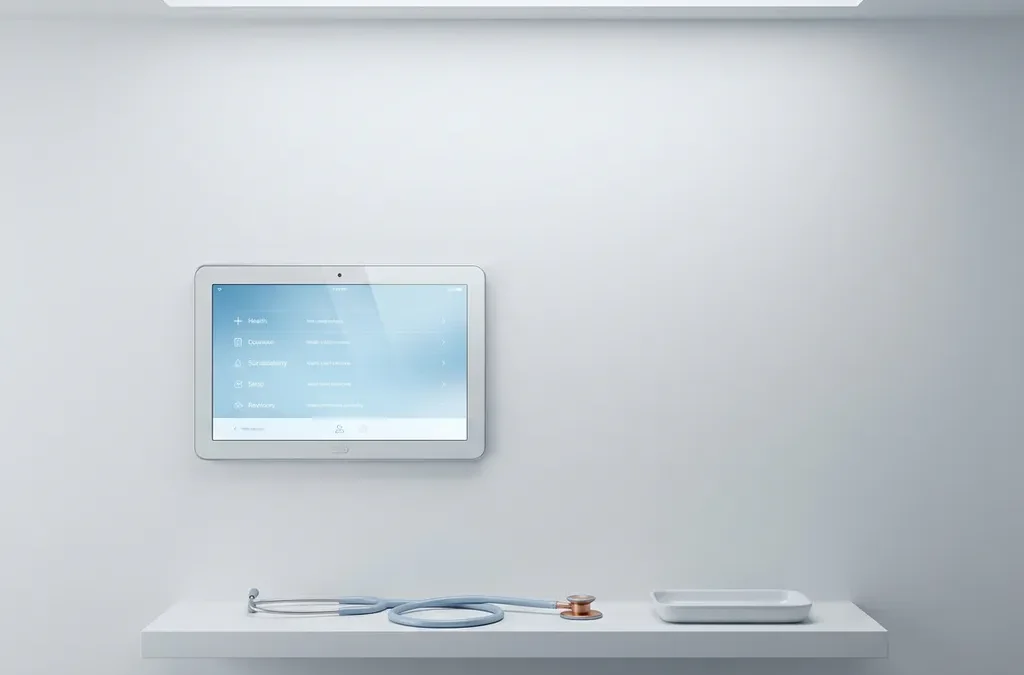 Medische tablet aan witte klinische muur met opgerolde stethoscoop op minimalistisch oppervlak in rustige blauw-witte tinten.