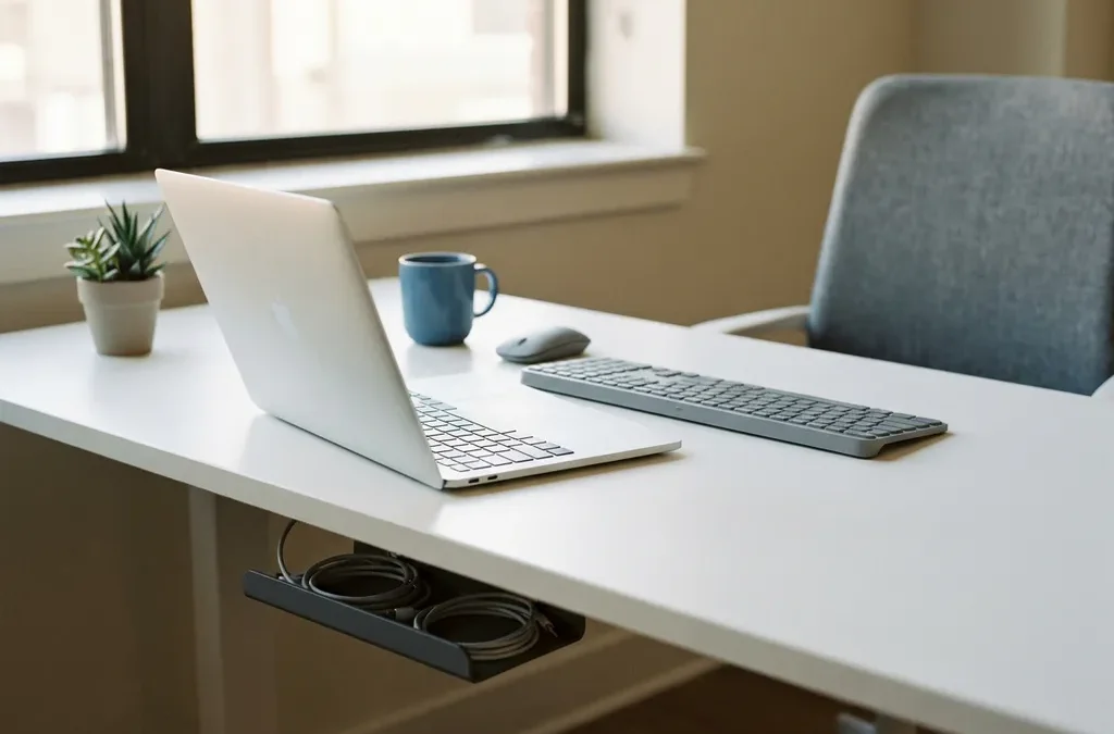 Nieuw ingericht kantoorwerkstation met laptop, draadloos toetsenbord en muis op wit bureau in zacht ochtendlicht.