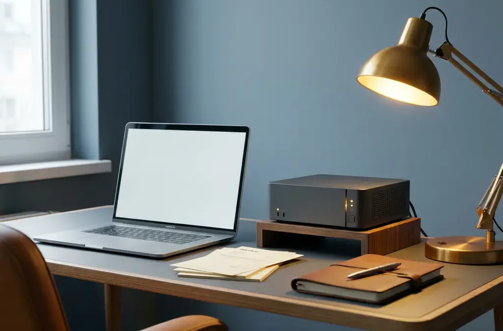 Modern kantoorbureau met laptop, facturen, server en notitieboek, verlicht door warm bureaulampje en zijdelings natuurlijk licht.