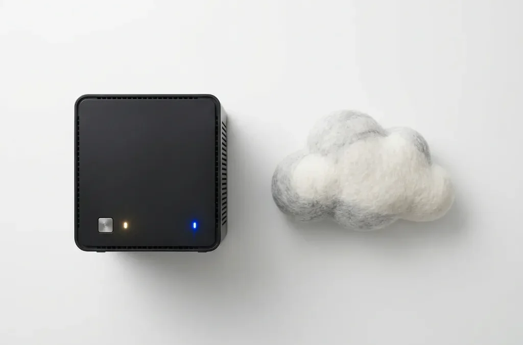 Matte-zwarte NAS-server naast een wolkvormig object op wit bureau, bovenaanzicht met elektrisch blauwe accent.