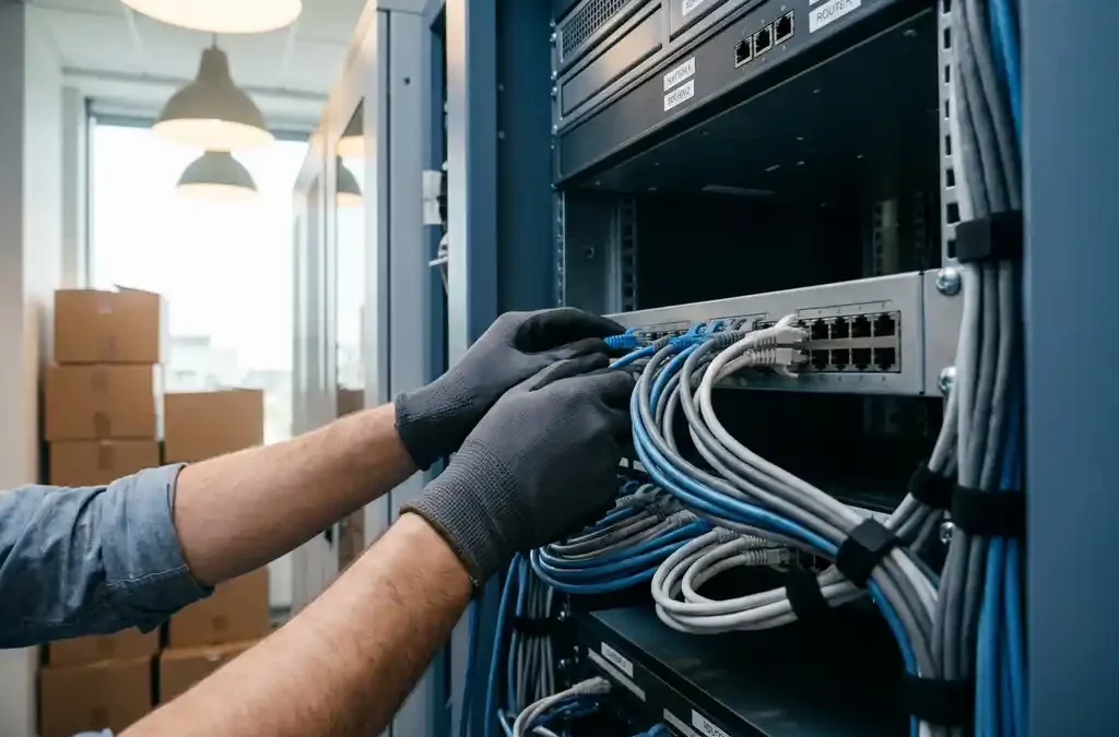 Handen die ethernet-kabels aansluiten op een gepatcht netwerk-patchpanel tijdens kantoorinstallatie, met verhuisdozen op de achtergrond.