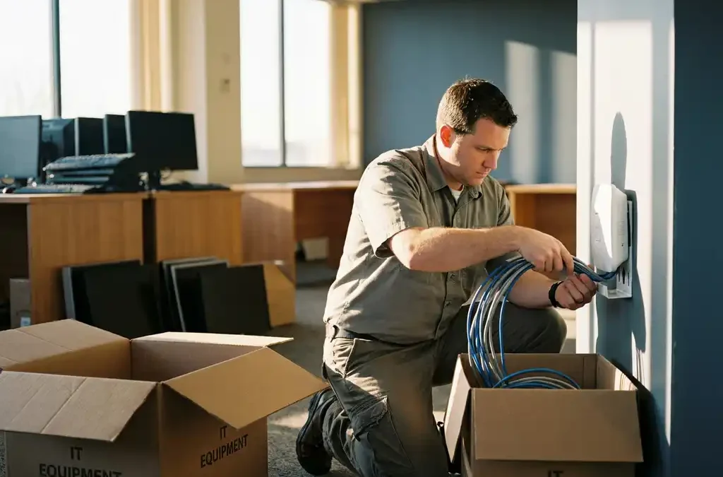 Netwerkingenieur installeert ethernetkabels en een draadloos toegangspunt tussen verhuisdozen in een kantoor in aanbouw.
