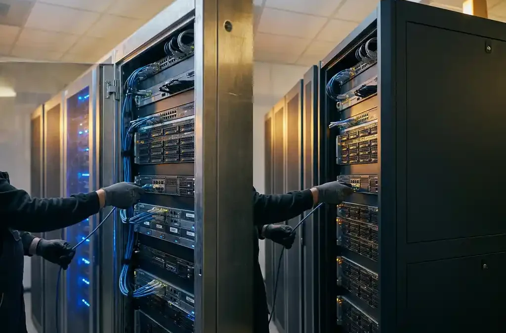 Technicus koppelt netwerkkabel los van serverrack en sluit deze aan op nieuw rack in moderne serverruimte.