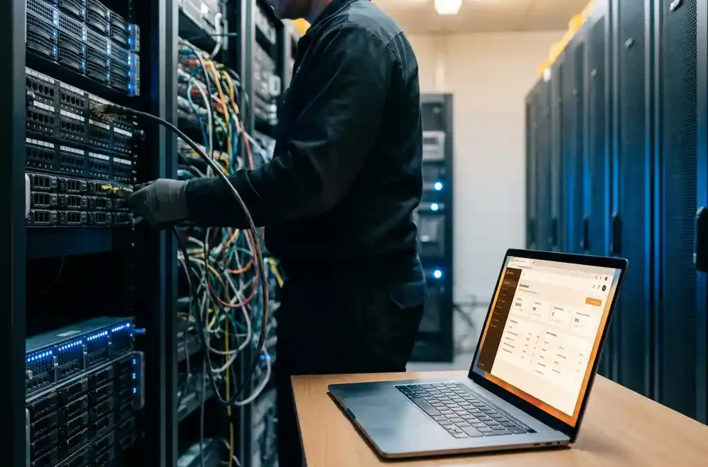 Technicus koppelt netwerkkabel los van serverrack, met moderne laptop klaar op bureau op de achtergrond.