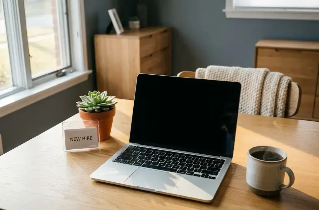 Nieuw opengeklapt laptop op modern bureau met medewerkersbadge, succulent en dampende koffie in zacht ochtendlicht.