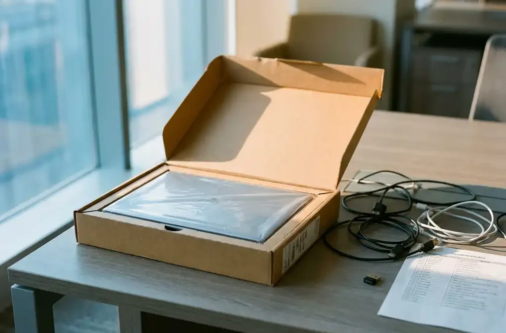 Nieuwe laptop in open kartonnen doos op kantoorbureau, omringd door kabels, USB-dongle en installatiechecklist in zacht ochtendlicht.