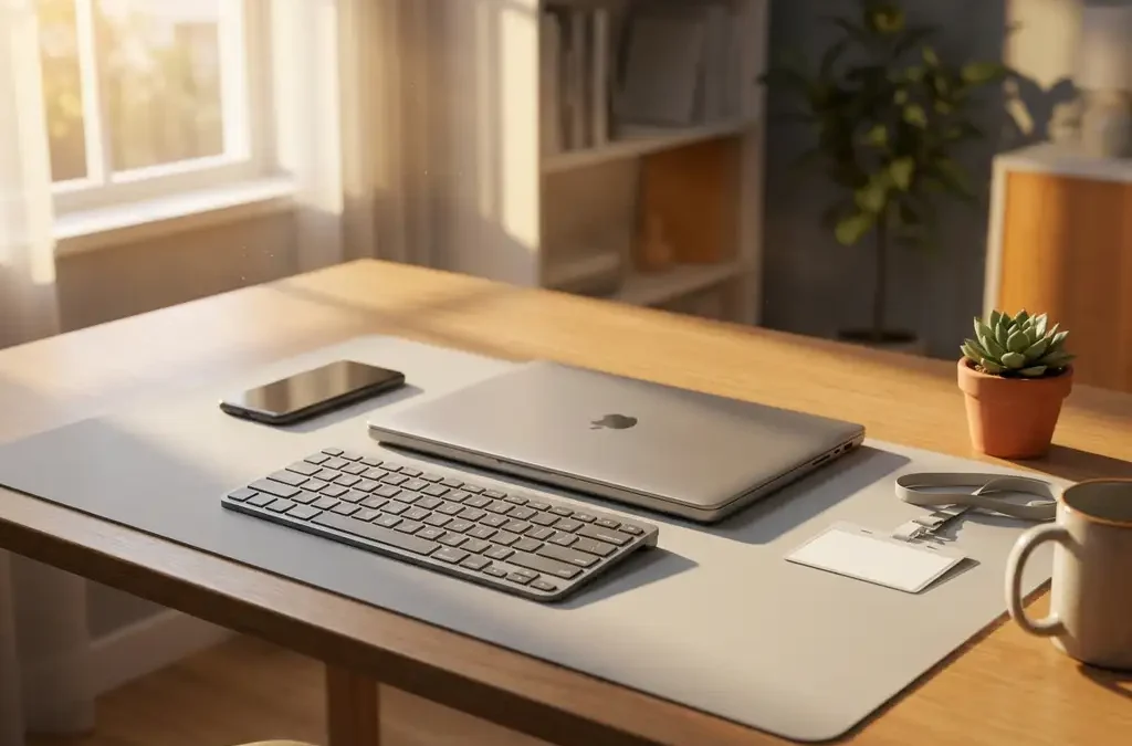 Nieuwe laptop, draadloos toetsenbord en telefoon op modern bureau met medewerkersbadge, succulent en warm ochtendlicht.