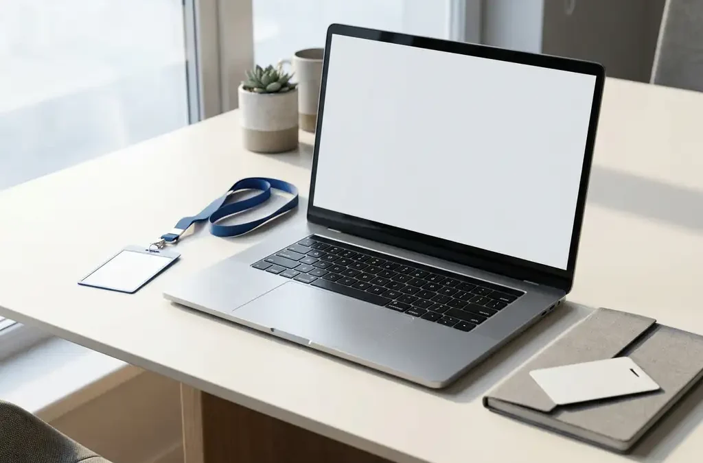 Laptop, toegangspas en notitieboek op een modern bureau, klaargelegd voor de eerste werkdag van een nieuwe medewerker.