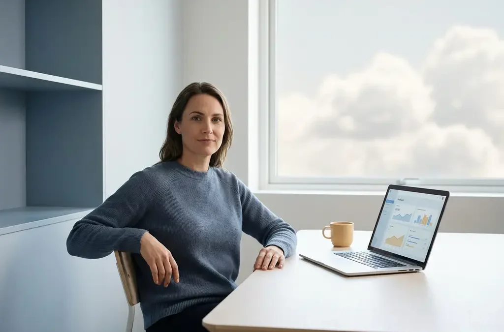 Zelfverzekerde ondernemer ontspannen aan modern bureau met laptop, rustig daglicht door groot raam op de achtergrond.