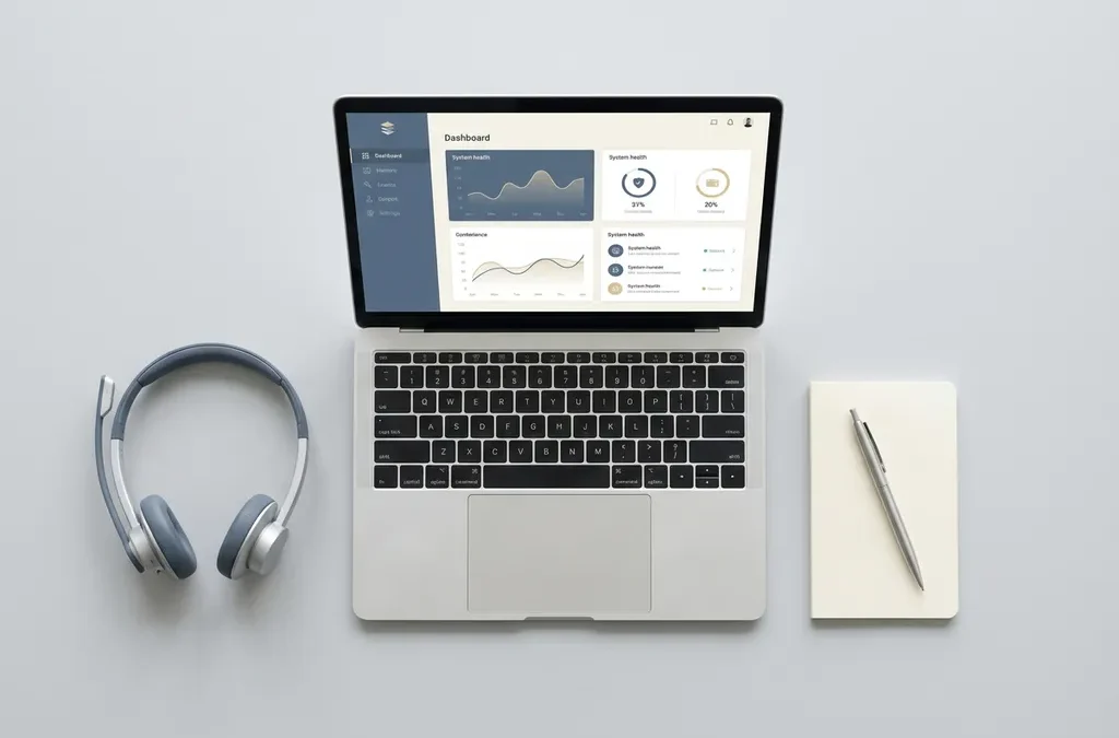 Ondersteuningsmedewerker bureau met laptop, notitieblok en headset in rustige blauwe en witte tinten.