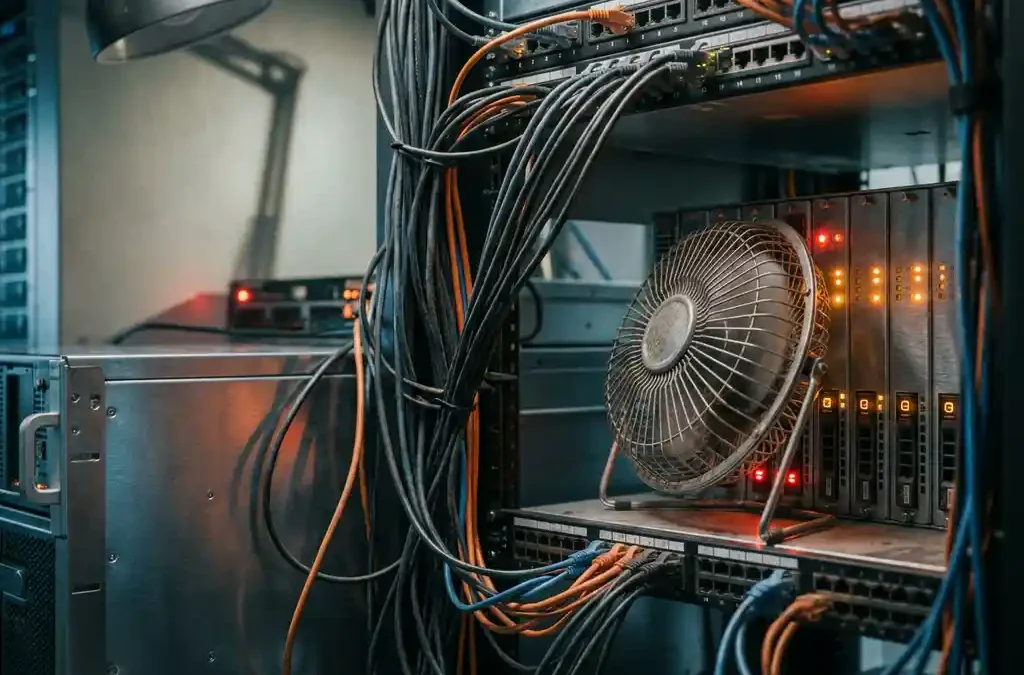 Serverrack met verstrengelde ethernetkabels, kleine bureauventilator en oranje waarschuwingslichten op metalen panelen.
