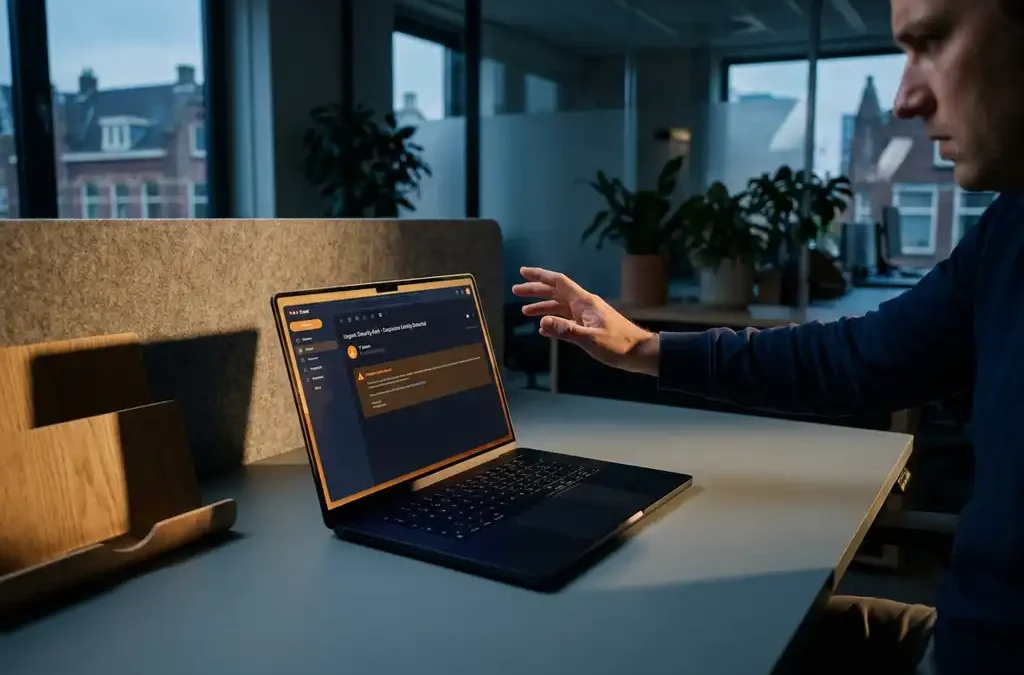 Hand die stopt boven een laptop met verdachte e-mail, phishing herkenning in modern MKB-kantoor in Eindhoven.