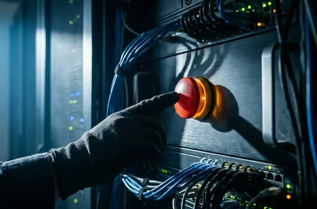 Gehandschoende hand die op een grote rode noodknop drukt op een serverrack in een donker datacenter met knipperende indicatorlampjes.