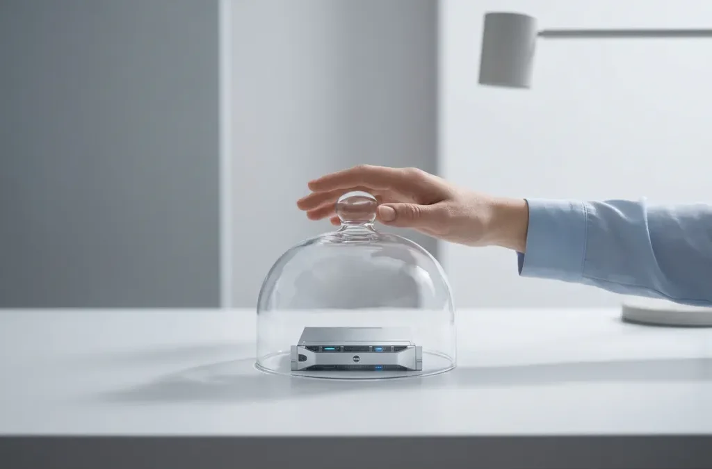 Miniatuurserver onder glazen stolp op wit bureau, met een voorzichtige hand erboven zwevend in minimalistisch kantoor.