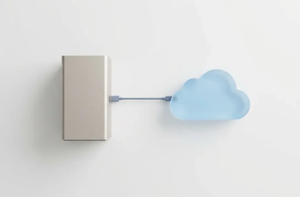 Zilveren servertoren en wolkvormig object verbonden door een kabel op wit bureau, bovenaanzicht, minimalistische digitale kunst.