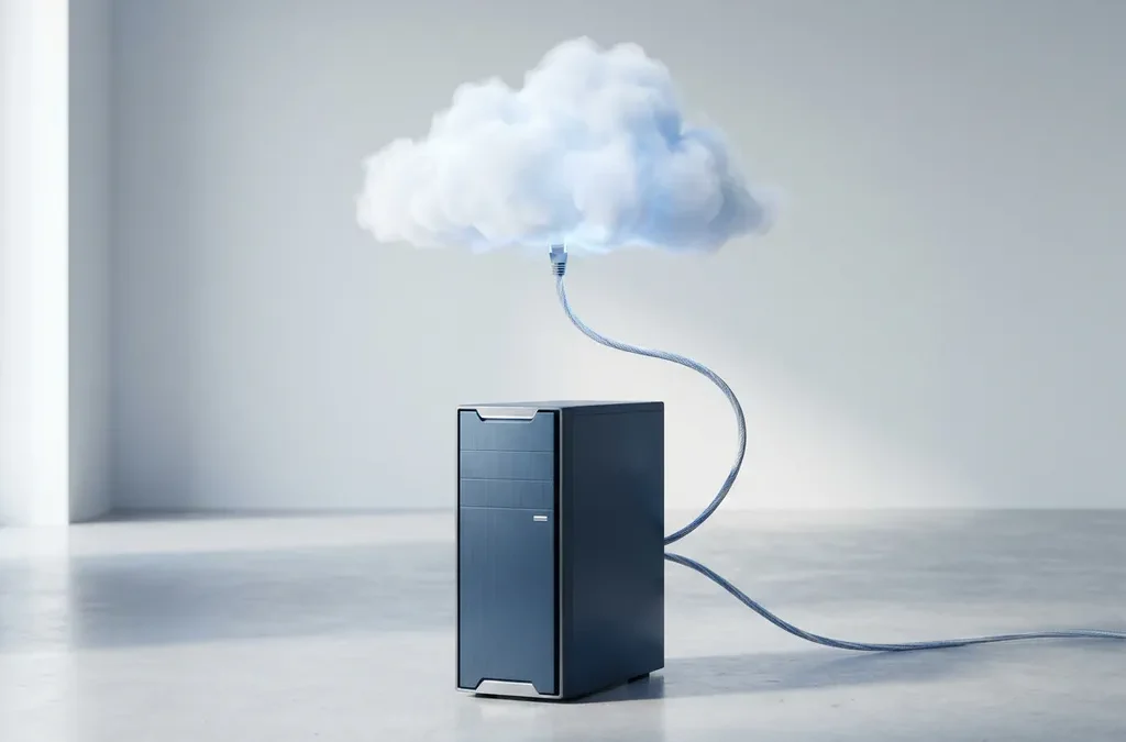 Serverbehuizing verbonden via ethernetkabel met een zwevende cloudvorm, symboliseert de overgang naar cloudopslag.