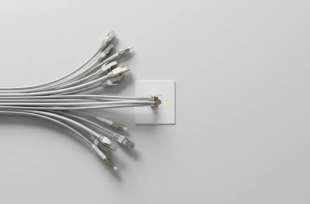 Bundel serverbekabeling die samenkomt in één witte ethernetpoort op lichtgrijs bureau, minimalistisch bovenaanzicht.