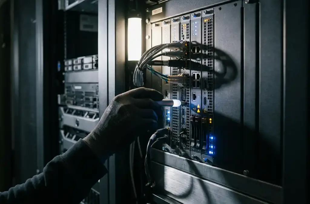 Gehandschoende hand die een diagnostisch hulpmiddel gebruikt op een serverrack in een moderne MKB-serverruimte, met knipperende statuslampjes.