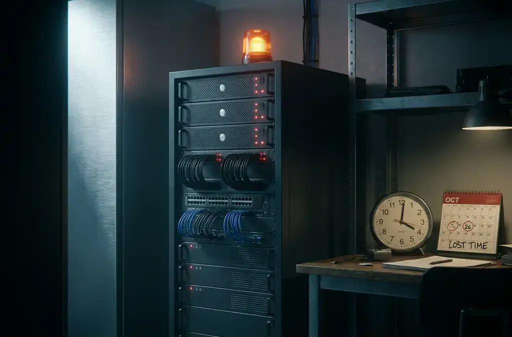Serverrack met knipperende waarschuwingslichten offline in donkere MKB-serverruimte, bureaukalender en analoge klok zichtbaar op de achtergrond.
