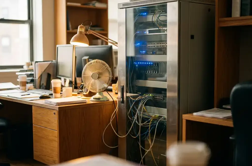 Moderne serverrack naast een rommelig MKB-bureau met verstrengelde kabels, ventilator en warme amberkleurige belichting.