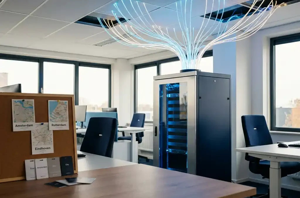 Glasvezelkabels convergeren naar een serverrack in een modern Nederlands mkb-kantoor met regionale kaarten en keycards op een prikbord.