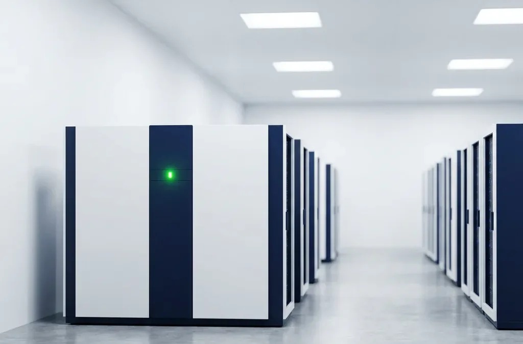 Groen serverstatusindicatorlampje brandt stabiel in een minimalistische witte datacentergang met geometrische serverrekken op de achtergrond.