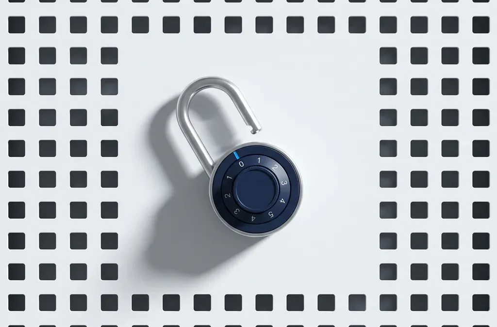Open combinatieslot op wit serverrack paneel, zilver en marineblauw met elektrisch blauwe accent, bovenaanzicht.
