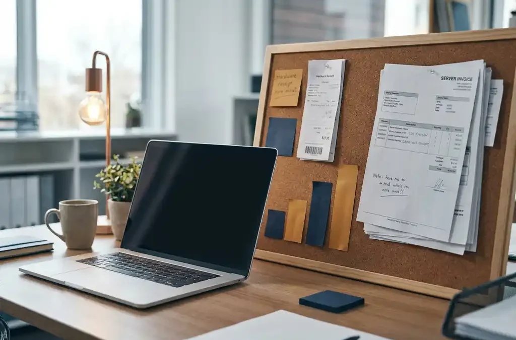 Stapel serverfacturen en IT-hardwarebonnen op kurkbord naast laptop, met stijgende grafiek van sticky notes op kantoorbureau.