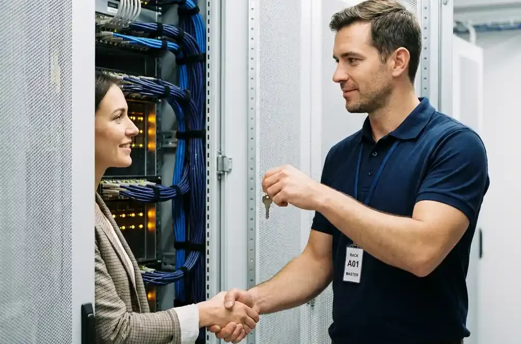 IT-technicus overhandigt serverracksleutel aan bedrijfseigenaar in moderne serverruimte met georganiseerde kabels op de achtergrond.
