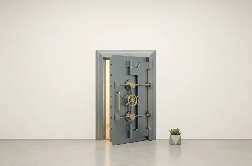 Stalen kluisdeur op een kier met warm goudkleurig licht, ingebouwd in een witte minimalistische muur met een kleine vetplant op betonnen vloer.