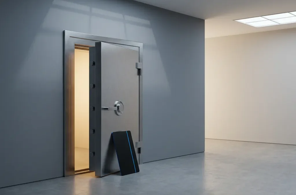 Stalen kluisdeur op een kier met zacht gloeiend licht, een keycard tegen het oppervlak in strakke grijswitte omgeving met elektrisch blauwe accent.