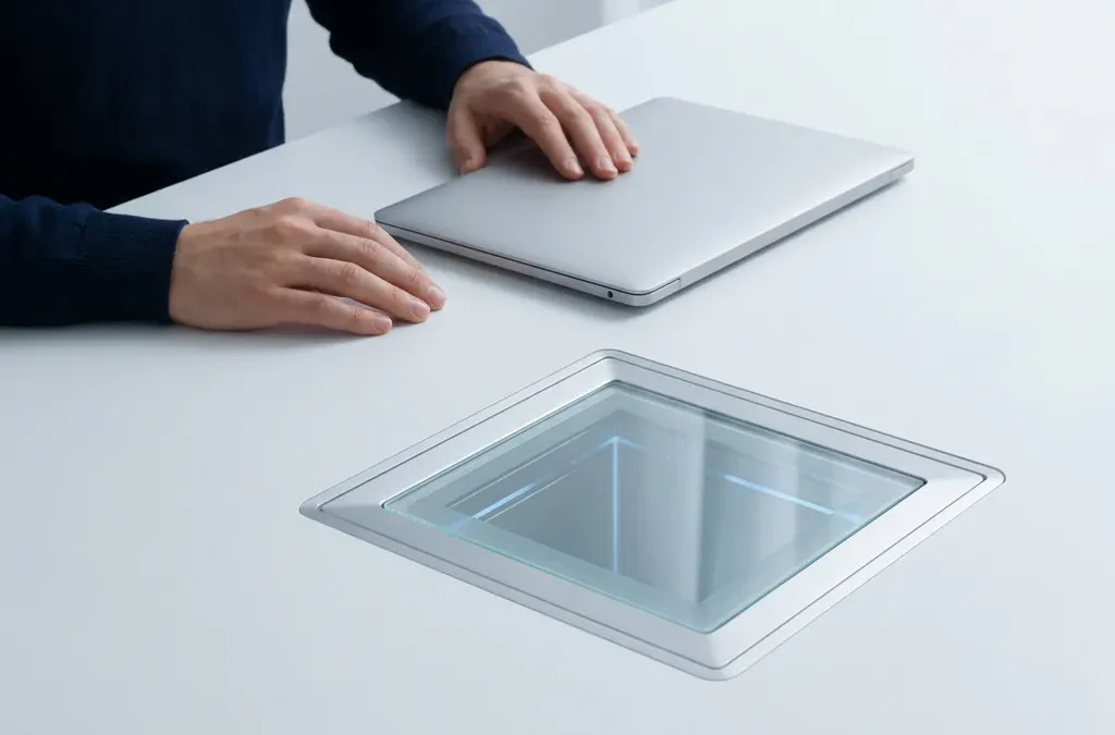 Handen van een ondernemer naast een laptop op wit bureau met glazen kluis die beveiligde cloudopslag symboliseert.