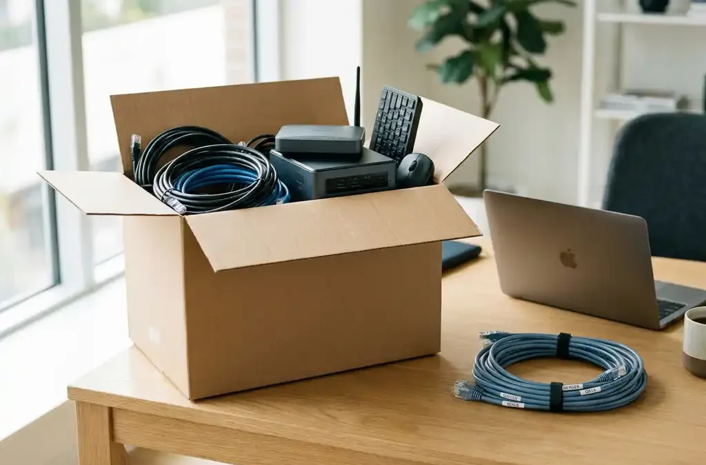 Ingepakte verhuisdoos met server, kabels en kantoorapparatuur op een modern bureau, met gelabelde netwerkkabels en laptop ernaast.