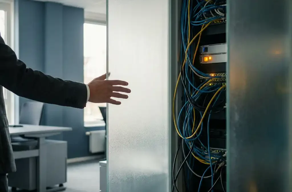 Zakelijke hand reikt naar bevroren glazen paneel dat verwarde servercabels en knipperende hardware verbergt in modern MKB-kantoor.