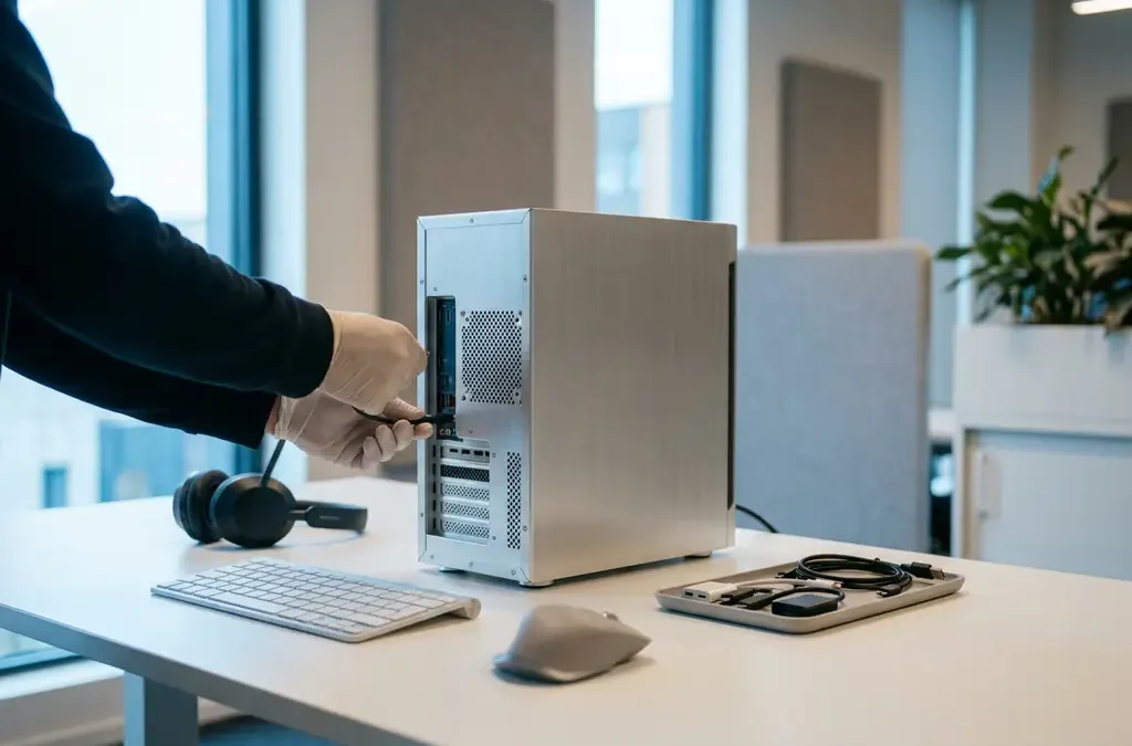 Technicus sluit kabel aan op moderne desktop computer, omringd door draadloos toetsenbord, muis en headset op wit bureau.