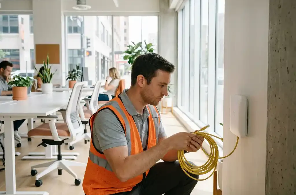 Netwerkbeheerder installeert wifi-accesspoint op kantoorwand in modern Nederlands open-plan kantoor met natuurlijk daglicht.
